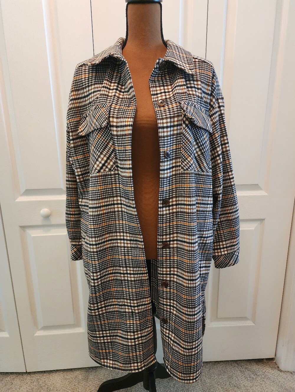 Lagenlook Checked Plaid Longline Shacket Shirt Jacket - Brown, Black & Cream